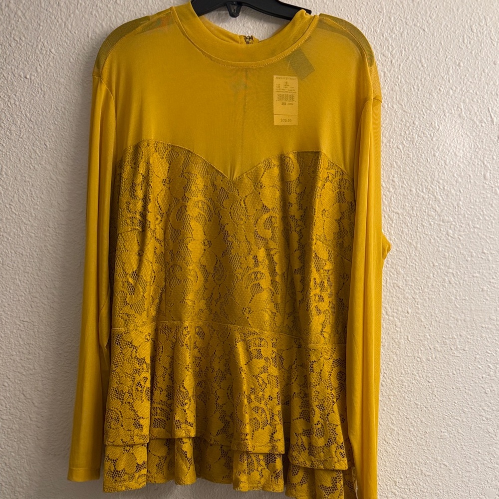 Ashley Stewart Mustard Lace Peplum Blouse